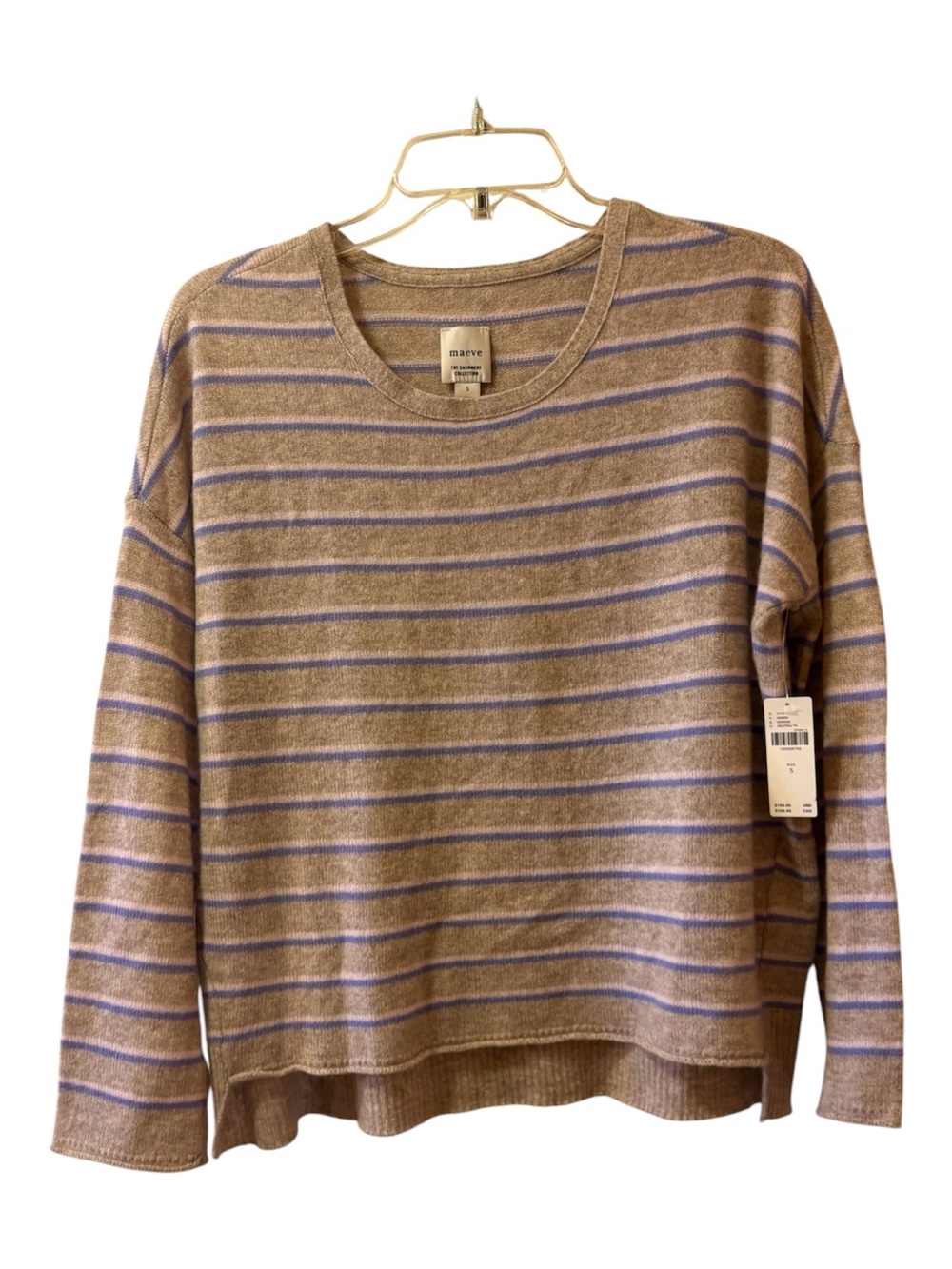 Maeve Striped Lightweight Cashmere Sweater - Tan with Lavender and Pink Stripes